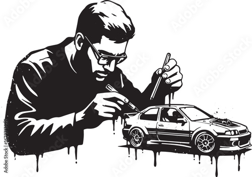 Monochrome vector illustration of a man sketching a car design c
