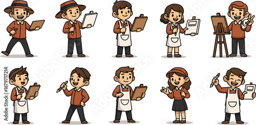 Artists with sketchpads and easels shown. Creative characters, cartoon people, diverse occupations, creative industry, art design, creativity.