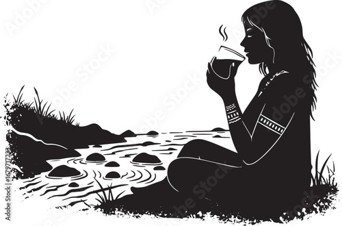Silhouette of a woman enjoying herbal tea by a tranquil riverban