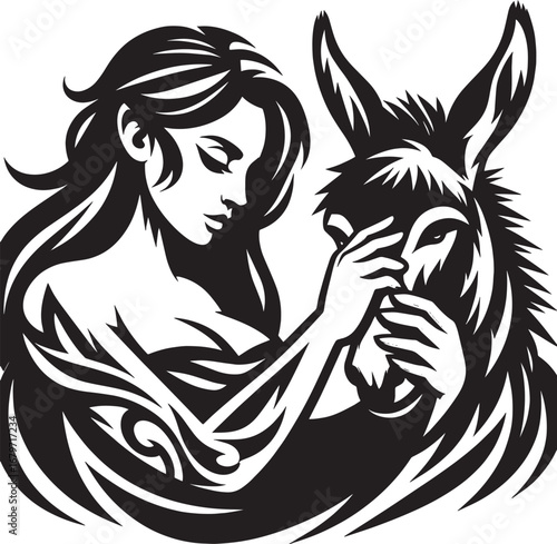 Intimate monochrome illustration of a woman tenderly embracing a donkey, emotional moment