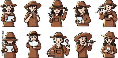 Archaeologist girls work with artifacts in field.  Exploration, discovery, paleontology, excavation, science, research, site, tools, fieldwork, anthropology.