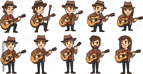Cartoon men playing guitar with various styles. Musicians, music, instruments, performance, illustration, drawing, happy, fun, style, different, characters, band