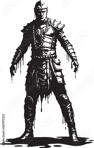 Stylized black and white ink drawing of a man clad in medieval a