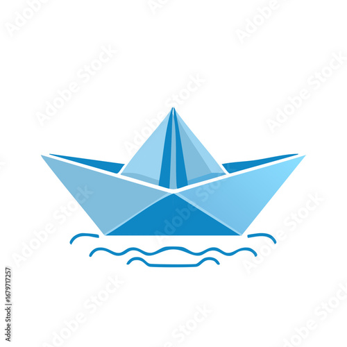 Blue Paper Boat Floating on Gentle Waves Simple Nautical Illustration Design