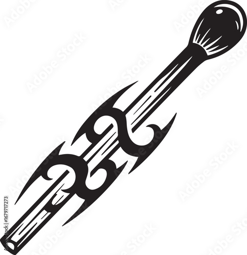 Stylized matchstick icon with tribal embellishments in monochrom