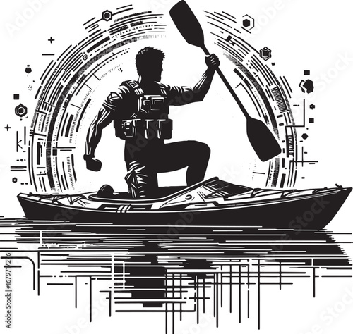 Silhouette of a kayaker paddling with a detailed background in a digital and technological style