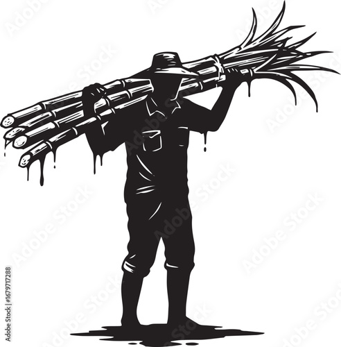 Silhouette of a farmer carrying harvested sugarcane crop on his