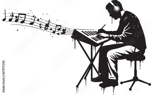Silhouette of a musician composing music with notes flowing from