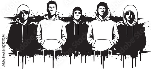 Monochromatic graphic featuring a band of five members with abst