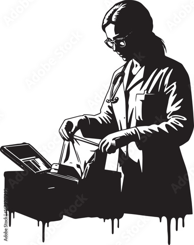 Monochrome depiction of a healthcare worker with case, ready for