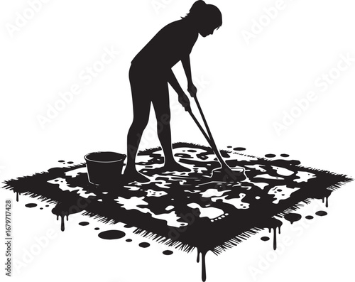 Silhouette of a woman scrubbing a dirty rug with mop and bucket