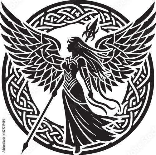 Intricate Black and White Illustration of a Winged Valkyrie Silhouette in a Circular Celtic Design