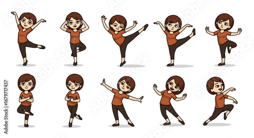 Woman poses in various dance positions. Cartoon character performing, exercises, fitness, movement, dancing, dance, ballet, yoga, exercising, choreography