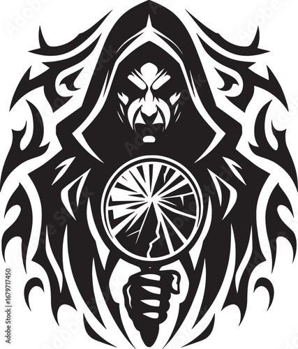 Mystical figure in a hooded cloak holding a shattered mirror illustration in black and white