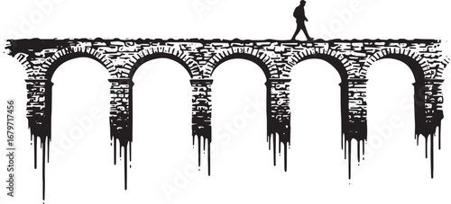 Lone figure traversing an aged aqueduct with dripping black deta