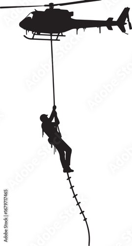 Silhouette of a soldier descending from a helicopter via a rope