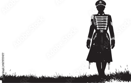 Monochrome silhouette of a woman in stylized military uniform wa