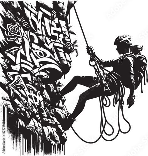 Silhouette of a Female Rock Climber Ascending a Graffiti-Covered Cliff Face Using Ropes