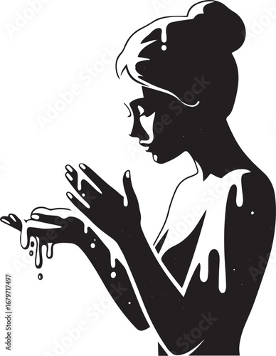Elegant silhouette illustration of a woman applying honey, skinc