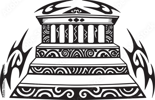 Stylized tribal monument illustration, intricate graphic details