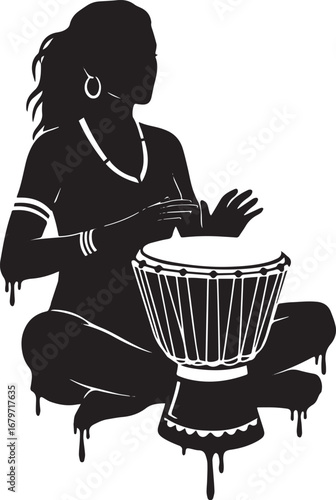Silhouette of Woman Playing Djembe Drum with Ethnic Accessories