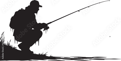 Silhouette of a man fishing near the water's edge with fishing p