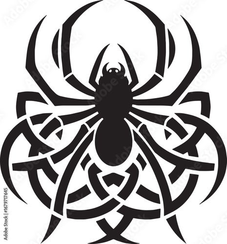 Intricate Black Spider Illustration with Celtic Knot Design on White Background Decorative Art