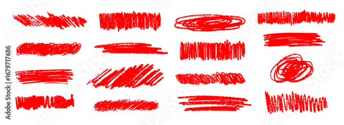 Red grunge brush stoke shape set. Hand drawn crayon underline and emphasis collection. Wet or dry pastel pencil doodles and scribbles bundle. Vector rough chalk charcoal sketched scrawls and squiggles