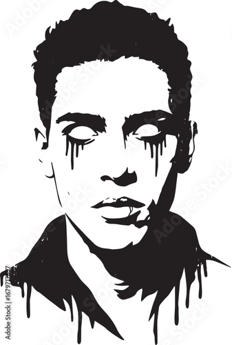 Monochromatic representation of a man with stylized black paint