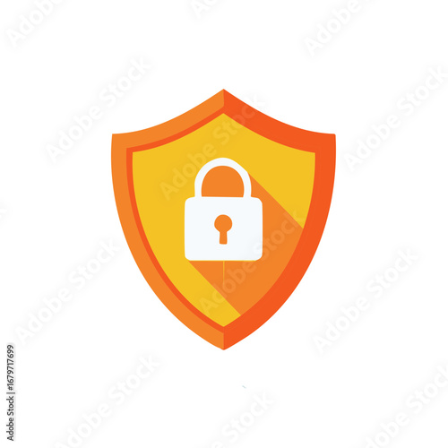 Orange and yellow shield with a white padlock symbolizing digital security and data protection