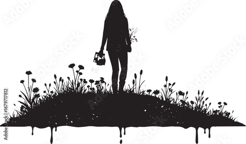 Silhouette of a woman walking on a hill filled with flowers mono