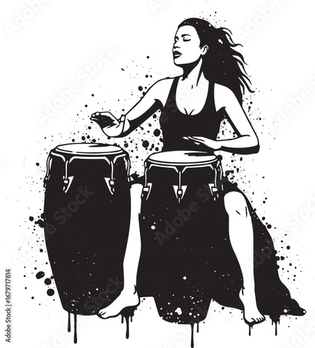 Captivating monochrome depiction of a female drummer immersed in