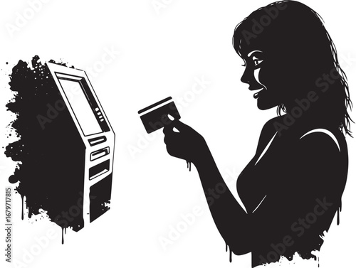 Abstract financial access, woman using card at atm for withdrawa