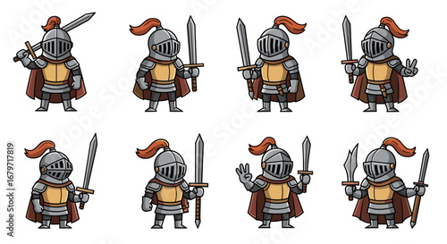 Cartoon knights hold swords in various poses. Fantasy, medieval, character design, game asset, armor, warrior, knightly, swordplay