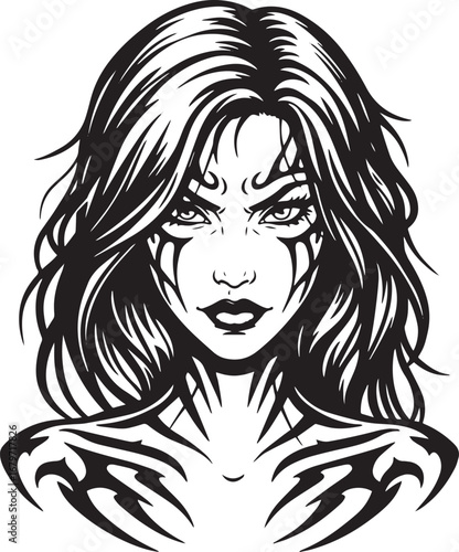 Monochromatic portrait of a mystical woman with intense gaze and
