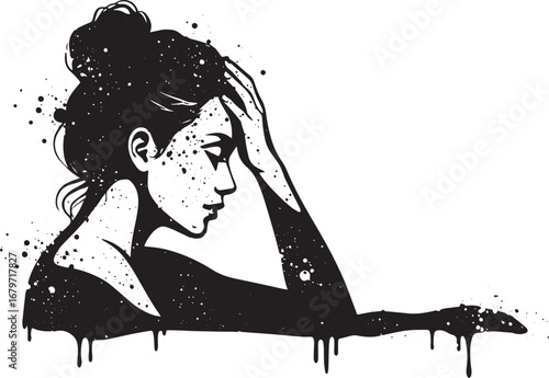 Distressed woman in pensive pose, artistic monochrome illustrati