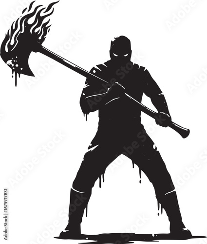 Mystic warrior silhouette wielding flaming axe, fantasy characte