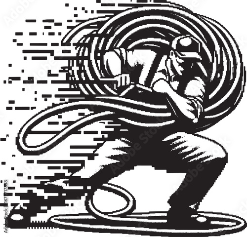 Energetic worker handling a large cable, emphasizing speed and technical proficiency at work