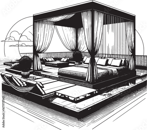 Luxurious Rooftop Cabana in Black and White with Curtains and Modern Outdoor Furniture