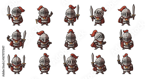 Cartoon knight characters pose with swords. Fantasy, adventure, medieval, armor, warrior, games, rpg, chivalry.