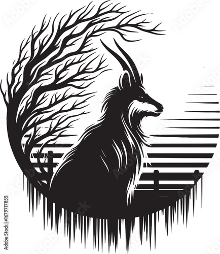 A striking black and white illustration of an antelope in its natural habitat surrounded by a tree