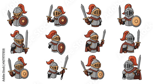 Cartoon knights pose with swords and shields. Fantasy warriors, medieval characters, adventure, fairytale, heroic, brave, strong, armor, combat, protection