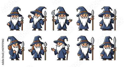 Cartoon wizards stand holding staves. Fantasy characters, fairytale, magic, sorcery, mythical, wizards, enchantment, fantasy, imagination, spellcasting.