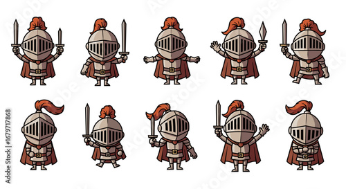 Cartoon knights strike different poses. Medieval character, armor, fighter, mascot, fairytale, fantasy, warrior, bravery, strength, protection, adventure, fun.