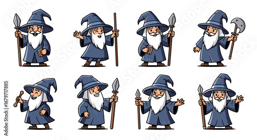 Cartoon wizards in robes with staffs and hats. Magic, fantasy, fairytale, sorcerer, mage, wizardry, witchcraft, illustration, vector, spellcasting.