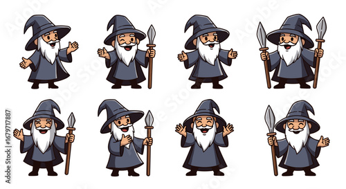 Wizard characters in different poses and gestures. Fantasy, magic, wizardry, sorcerer, character, illustration, cartoon, mage, spell, design, clip art, magical, power, fairytale