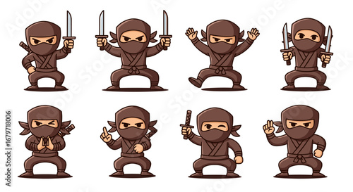 Ninja cartoon characters pose with swords. Martial arts, warrior, mascot, ninja, katana, action, fighter, strong, stealth
