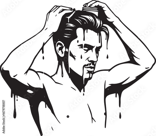 Vintage monochrome illustration of a man styling his hair with h