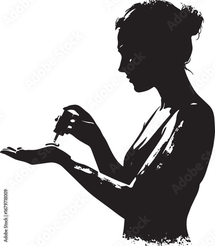 Elegant silhouette of a woman applying skincare serum with dropp