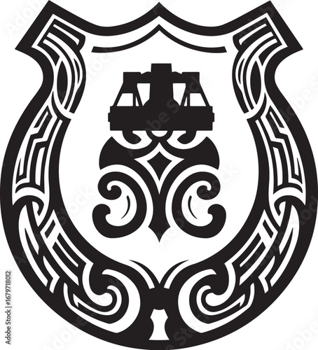 Intricate law enforcement badge emblem with balance scales and t